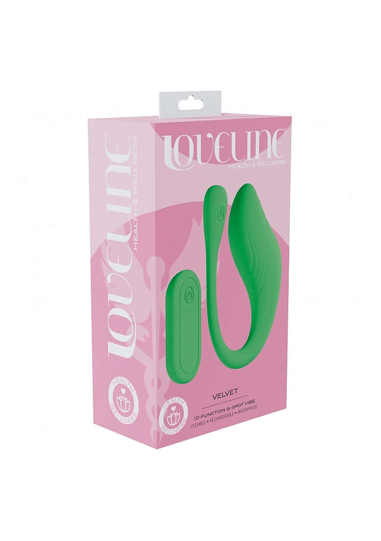Loveline Velvet G-spot Vibrator Green packaging showcasing its elegant design and remote control features.