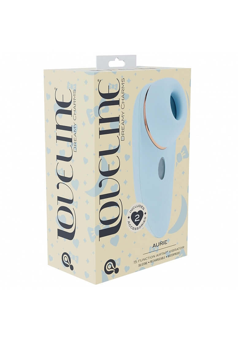 Aurie 15 Function Airtap Vibrator packaging with blue design and product features highlighted.