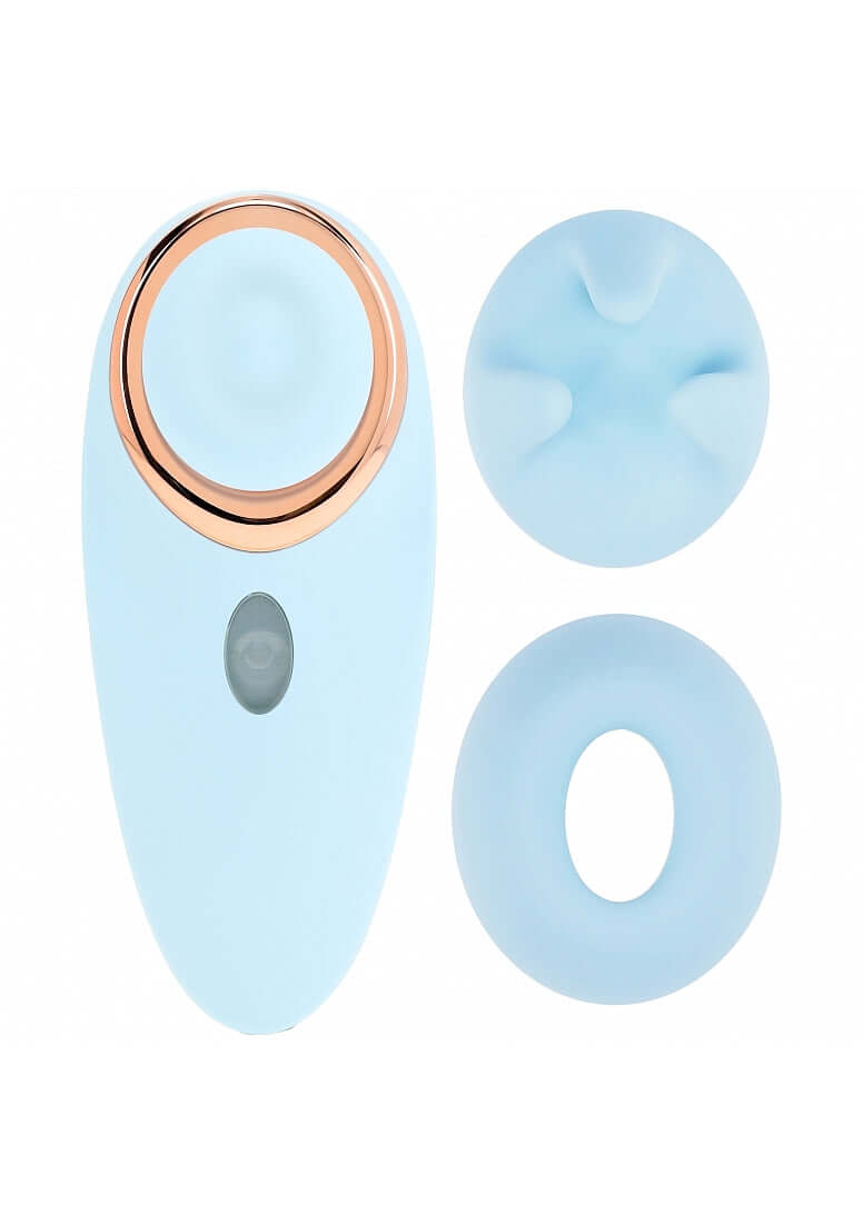 Aurie 15 Function Airtap Vibrator in blue with interchangeable attachments for unique sensations.