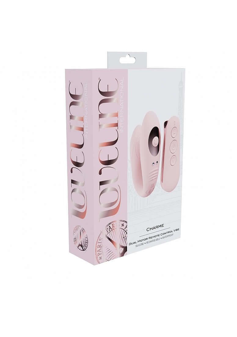 Charme Dual Motor Remote Control Vibrator packaging shown in an elegant design, part of the Loveline International Paris Collection.