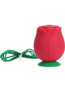 The Rose 10 Speed Air Pulse Vibe, a red silicone pleasure toy with a floral design and green base.