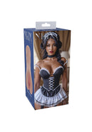 Xkin Mischievous Maid Lacey Dustandride Stroker Tan packaging featuring a seductive maid in a revealing uniform.