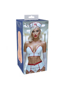 Xkin Naughty Nurse Tiffanny Throatcheck Stroker Flesh packaging featuring a lifelike nurse design and vibrant colors.