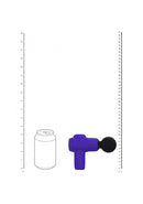 Loveline MicroBoost 10 Function Silicone Massager Purple next to a can for size comparison.