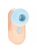 Loveline Budside Air Tap Tech Vibe compact earbud-shaped vibrator in peach and blue design.
