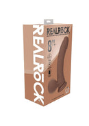 Realrock Dual Layered Vibrating Curved Dildo 8 inch Tan packaging with its realistic design and features.