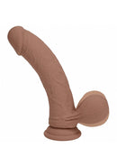 Realrock Dual Layered Vibrating Curved Dildo 8 inch Tan with detailed texture and suction base.