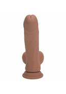 Realrock Dual Layered Vibrating Curved Dildo 8 inch Tan showcasing its realistic design and dual-density construction.