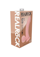 Realrock Dual Layered Vibrating Curved Dildo 8 inch Flesh product packaging with pink design and specifications.
