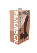 Realrock Dual Layered Vibrating Curved Dildo 8 inch Brown packaging with product details and dimensions.
