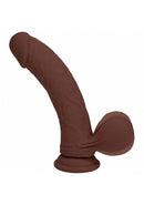 Realrock Dual Layered Vibrating Curved Dildo 8 inch Brown on a white background showcasing its lifelike texture.