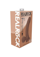 Realrock Dual Layered Vibrating Curved Dildo 7 inch Tan packaging with product details and features.
