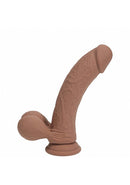 Realrock Dual Layered Vibrating Curved Dildo 7 inch Tan against a white background.