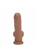 Realrock Dual Layered Vibrating Curved Dildo 7 inch Tan with detailed texture and suction base.