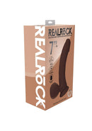 Realrock Dual Layered Vibrating Curved Dildo 7 inch Brown product packaging with detailed features highlighted.