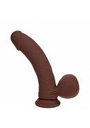 Realrock Dual Layered Vibrating Curved Dildo 7 inch Brown displayed against a white background.