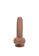 Realrock Dual Layered Vibrating Curved Dildo 6 inch Tan on a white background.
