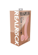 Realrock Dual Layered Vibrating Curved Dildo 6 inch Flesh product packaging with detailed features