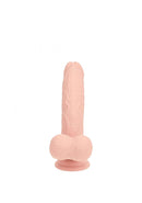 Realrock Dual Layered Vibrating Curved Dildo 6 inch Flesh on display with a lifelike design and realistic texture.