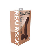 Realrock Dual Layered Vibrating Curved Dildo 6 inch Brown packaging with product details and design.