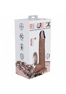 Realrock Metalhead Vibrating Straight Dildo 8 inch Tan packaging with product features and design details.