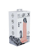 Realrock Metalhead Vibrating Straight Dildo 8 inch Flesh packaging with metal head and waterproof features.