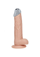 Realrock Metalhead Vibrating Straight Dildo 7 inch Flesh standing upright on a base against a white background.