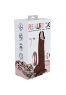 Realrock Metalhead Vibrating Straight Dildo 7 inch Brown product packaging with metal head and modern features.