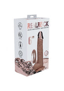 Realrock Metalhead Vibrating Straight Dildo 6 inch Tan packaging with metal head, wireless remote, and design features.