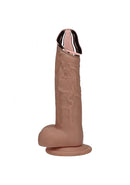 Realrock Metalhead Vibrating Straight Dildo 6 inch Tan showcasing its realistic texture and solid metal head for pleasure.