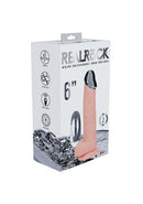 Realrock Metalhead Vibrating Straight Dildo 6 inch Flesh packaging with metal tip and features highlighted.