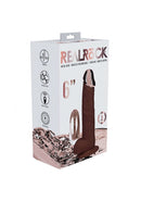 Realrock Metalhead Vibrating Straight Dildo 6 inch Brown product packaging with metal head and detailed features.