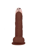 Realrock Metalhead Vibrating Straight Dildo 6 inch Brown on a white background, showcasing its metal head and realistic texture.