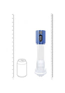PUMPED HyperLift Masturbator Suction Metallic Blue displayed alongside can for scale measurement.