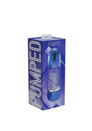 PUMPED SonicPull Masturbator Suction Vibration Multimedia Enhanced Blue packaging in vibrant blue and purple design.