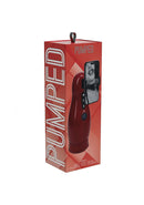 PUMPED Virtuo Masturbator Suction Vibration Phone Attachment Red packaging display featuring the device and its controls.