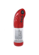 PUMPED StrokeMate Masturbator Metallic Red showcasing its sleek design and control features for enhanced pleasure.
