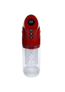 PUMPED StrokeMate Masturbator Metallic Red features a sleek design with digital controls and transparent detailing.