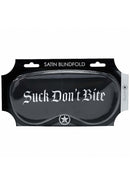 Ouch Suck Dont Bite Printed Mask Satin Black - sleek satin blindfold with sensory blocking for enhanced tactile experiences.