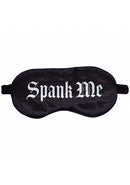 Ouch Spank Me Printed Mask Satin Black, stylish black satin blindfold with bold white text.