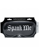 Ouch Spank Me Printed Mask Satin Black stylish satin blindfold packaging with bold text.