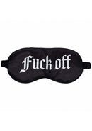 Ouch Fuck Off Printed Mask Satin Black featuring bold 'Fuck off' text on a sleek black background.