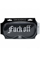 Ouch Fuck Off Printed Mask Satin Black displayed on packaging, bold sensory accessory for intimate exploration.