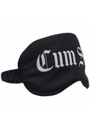Ouch Cum Slut Printed Mask Satin Black for sensory play with a sleek black design and bold text.
