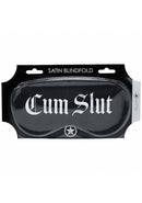 Ouch Cum Slut Printed Mask Satin Black packaging featuring bold text on a satin blindfold.