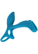 Levelz Vibrating Cock & Ball Ring Teal displayed in vibrant teal color, showcasing its multifunction design and dual-loop structure.