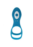 Levelz Vibrating Cock & Ball Ring Teal in teal color with dual-loop design for enhanced stimulation.