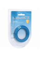 Levelz Liquid Silicone Cock Ring L Teal packaging displayed with a blue silicone cock ring inside.