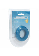 Levelz Liquid Silicone Cock Ring M Teal packaging featuring a blue silicone cock ring designed for comfort and performance.