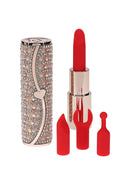 Loveline Tifanny Lipstick Vibrator in a stylish rhinestone container with red lipstick and accessories.
